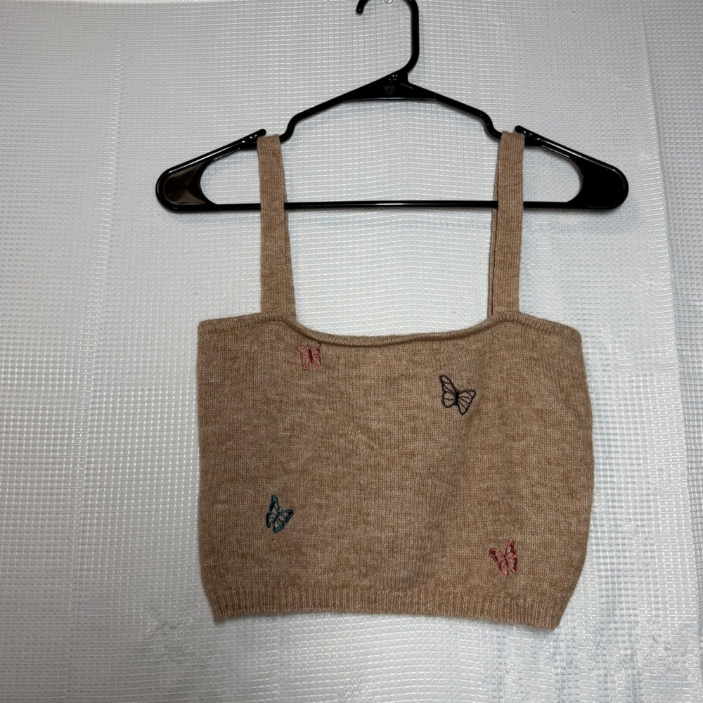 Witty Fox Butterfly Embroidered Knit Crop Cami Tank Top Small Tan Y2K Soft Girl